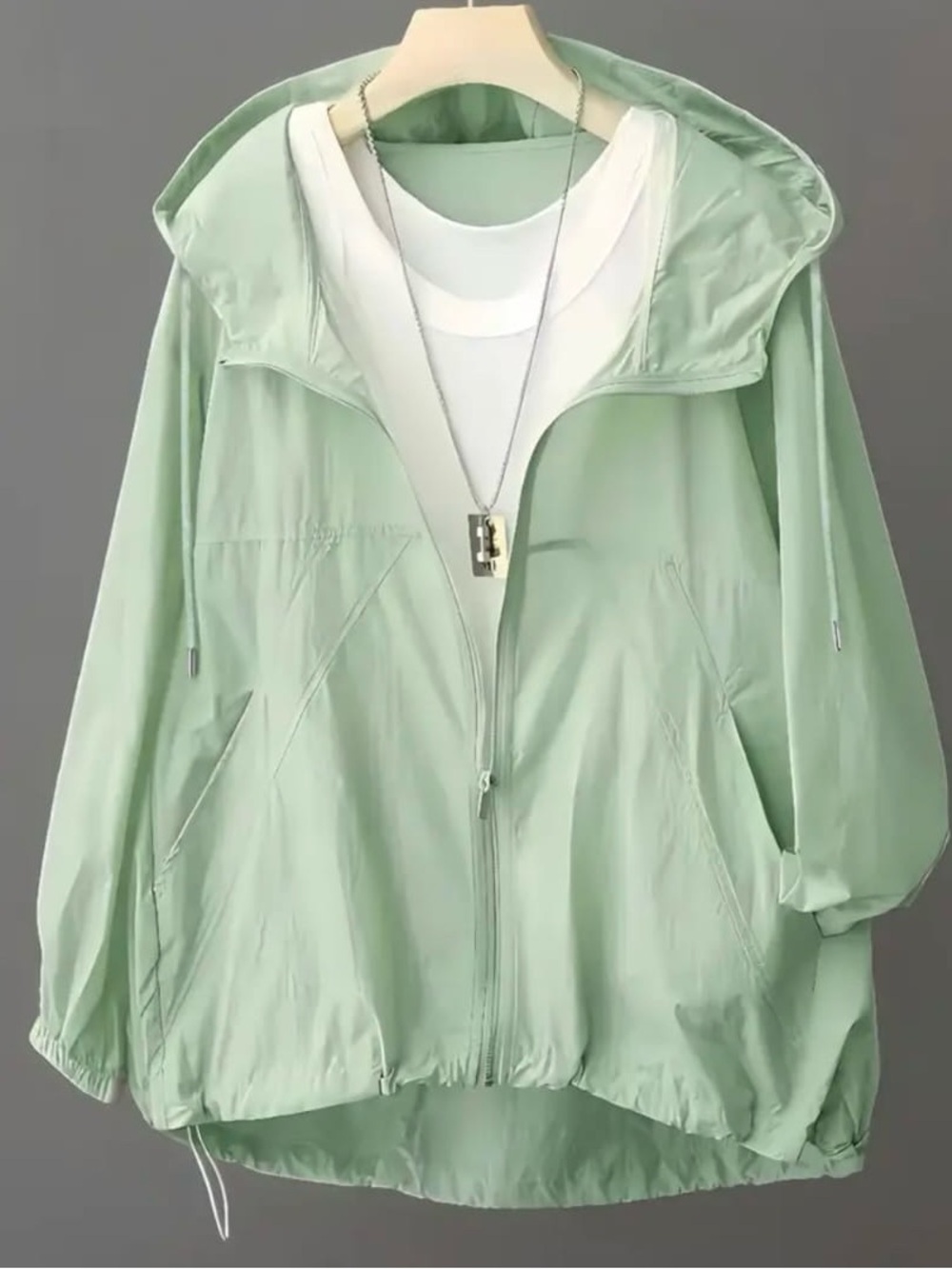 Light Green Hooded Windbreaker Jacket - Casual Lightweight Coat